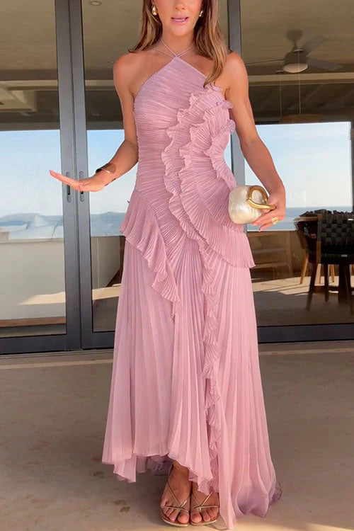 Margot Strappy Halter Neck Ruffle Trim Asymmetric Hem Pleated Maxi Dress