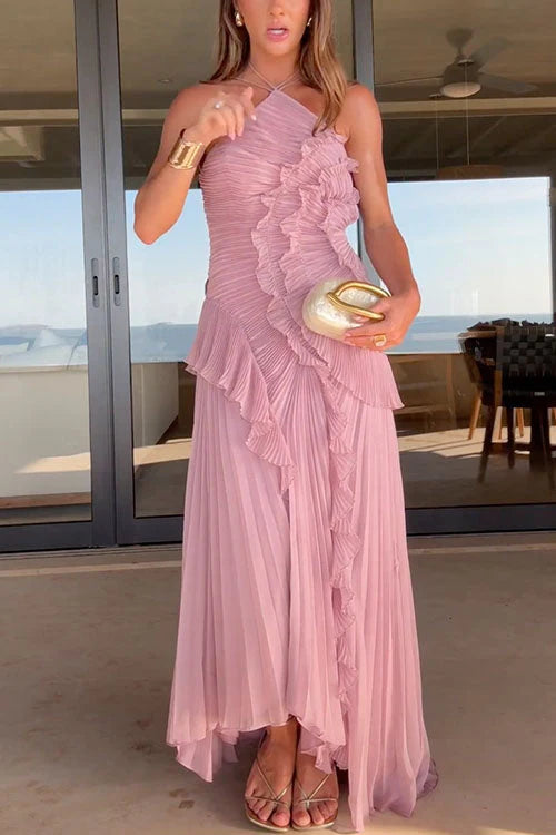 Margot Strappy Halter Neck Ruffle Trim Asymmetric Hem Pleated Maxi Dress