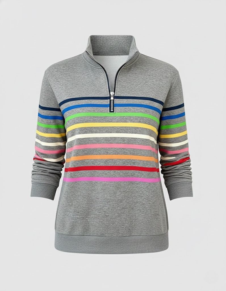 Hilary | Comfortable Sweatshirt with Half Zipper and Rainbow Stripes