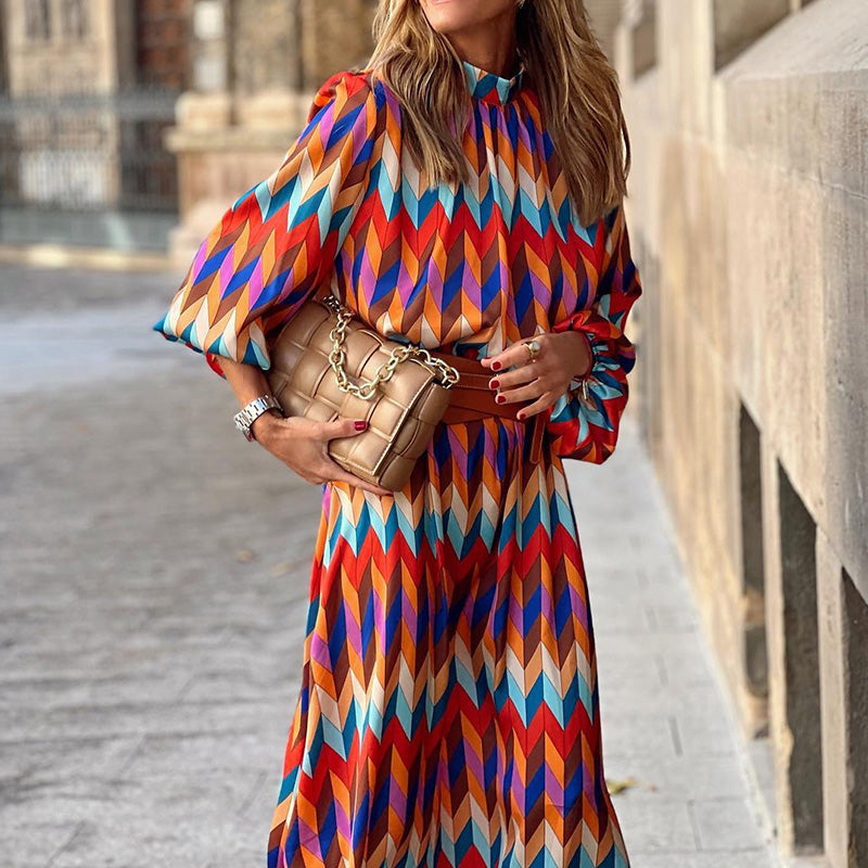 Kaia - Geometric Prints Long Party Dress
