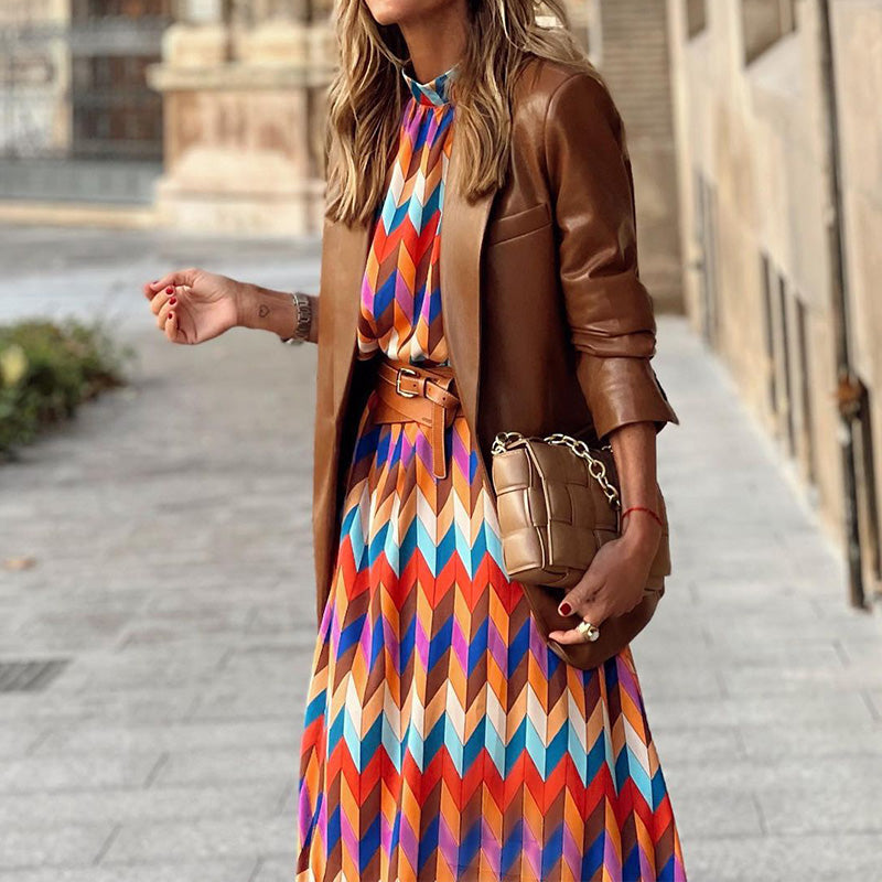 Kaia - Geometric Prints Long Party Dress