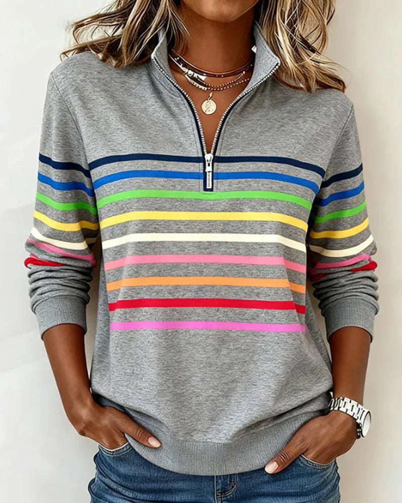 Hilary | Comfortable Sweatshirt with Half Zipper and Rainbow Stripes