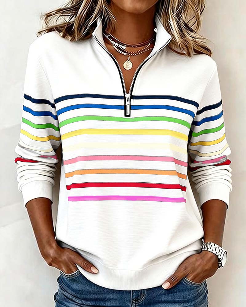 Hilary | Comfortable Sweatshirt with Half Zipper and Rainbow Stripes