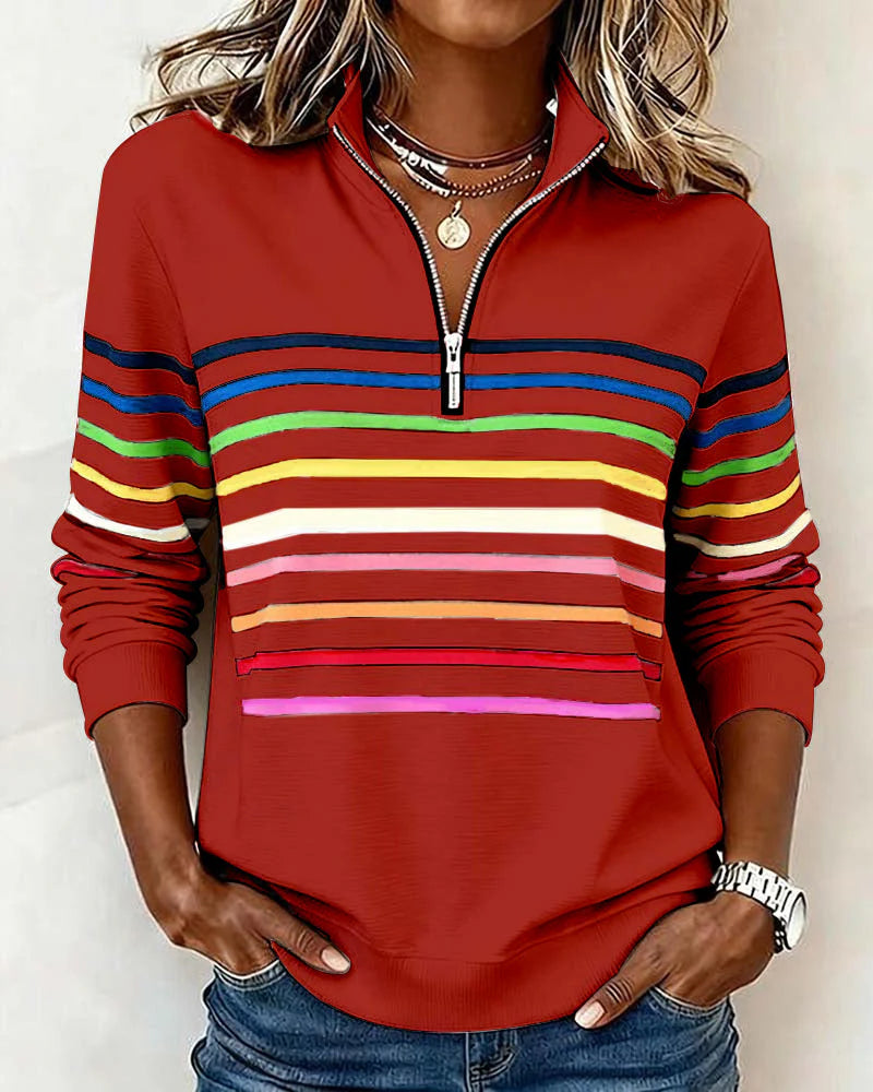 Hilary | Comfortable Sweatshirt with Half Zipper and Rainbow Stripes