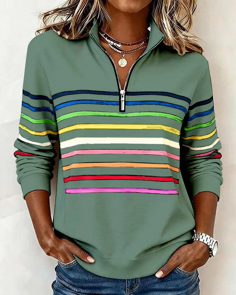 Hilary | Comfortable Sweatshirt with Half Zipper and Rainbow Stripes