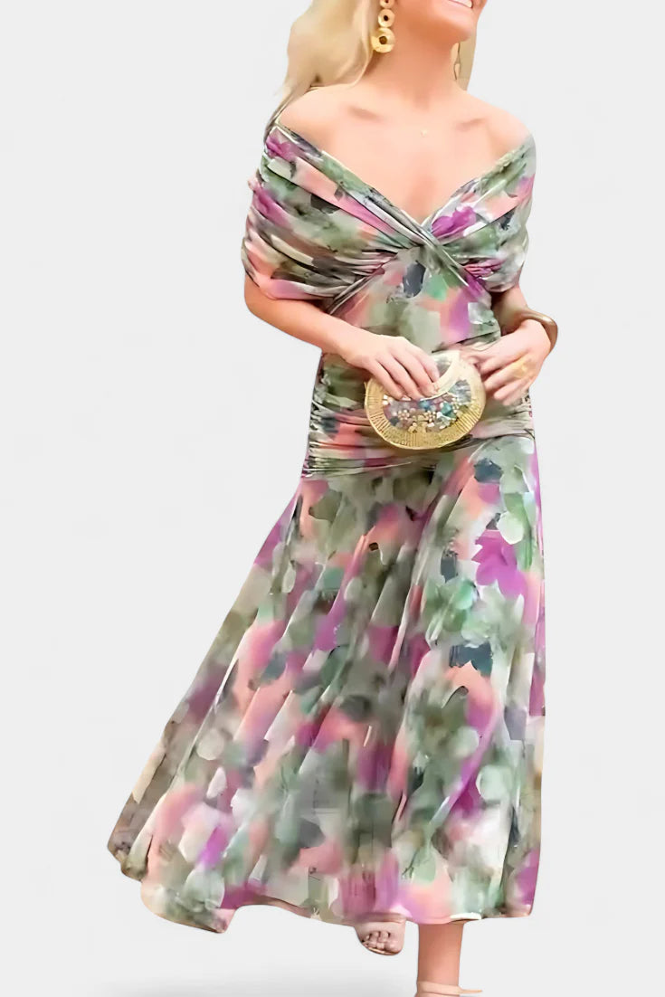 Zerelle Long Floral V Neck Dress