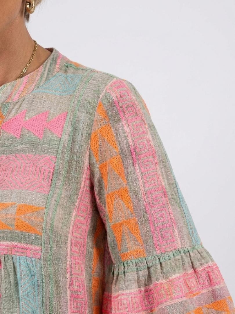 Maelle | Geometric Print V Neck Tiered Knee Length Dress