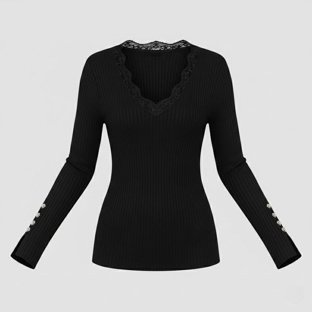 Glendine | Ribbed Knit V-Neck and Lace Top