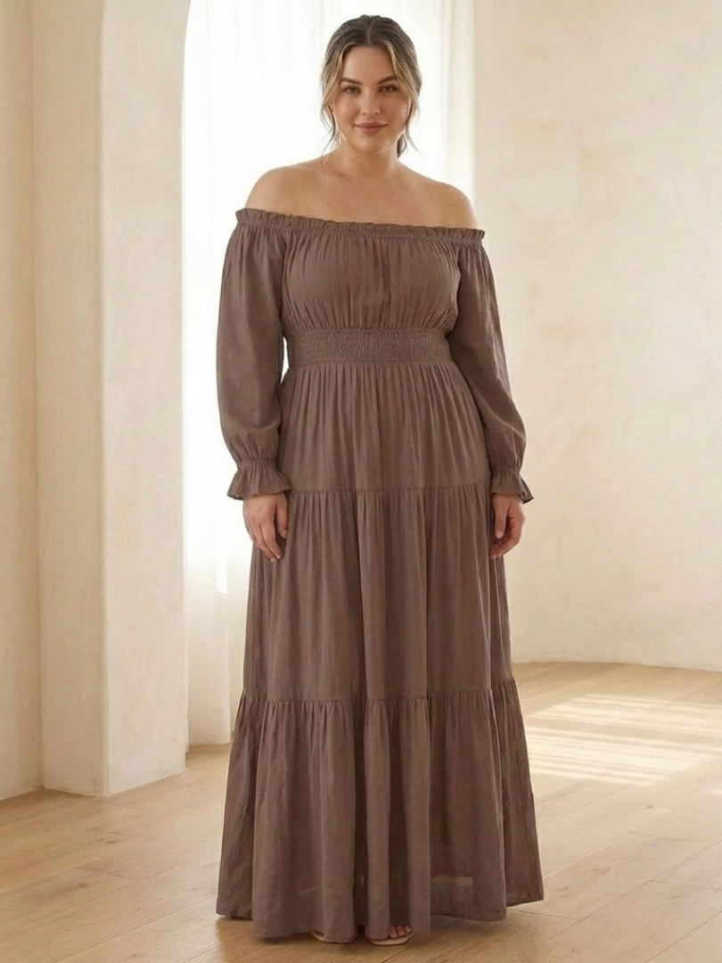 brown off the shoulder long sleeve dress Aveline